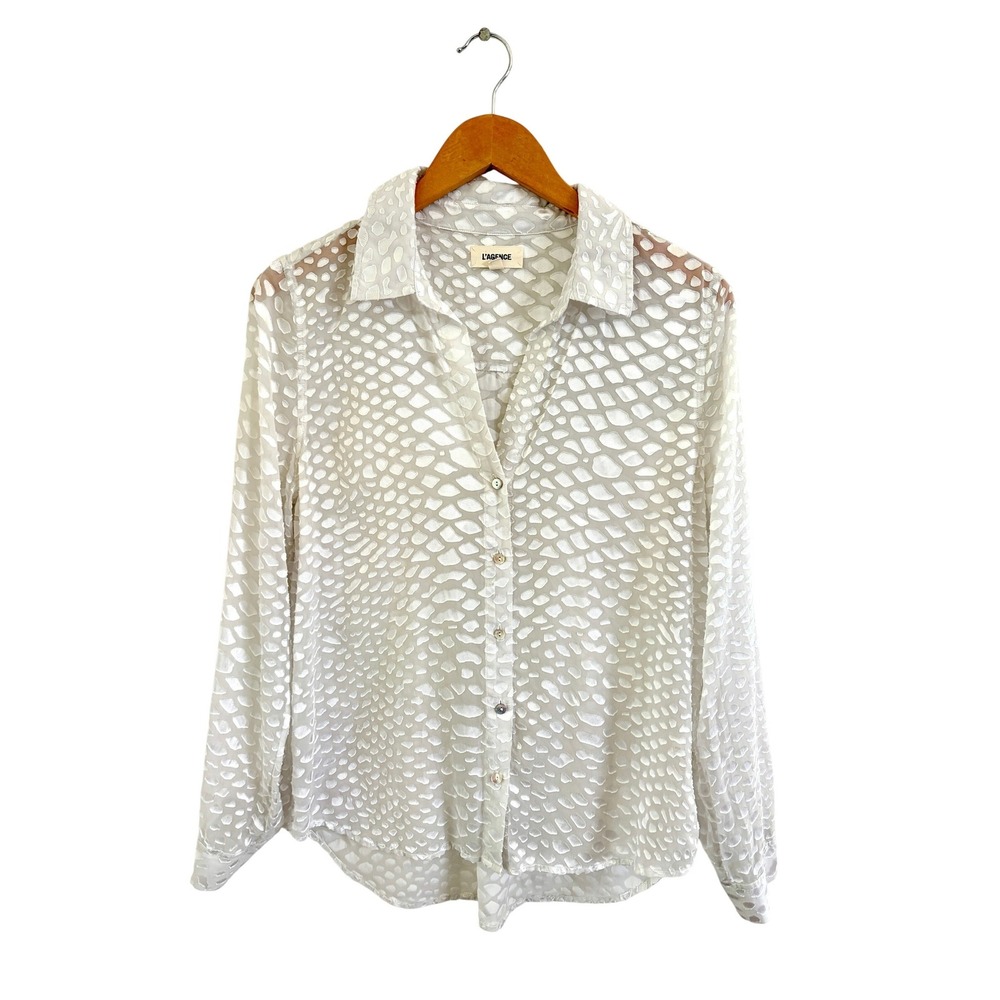 L'AGENCE White Burnout Animal Print Sheer Button Down Blouse Shirt Womens Medium